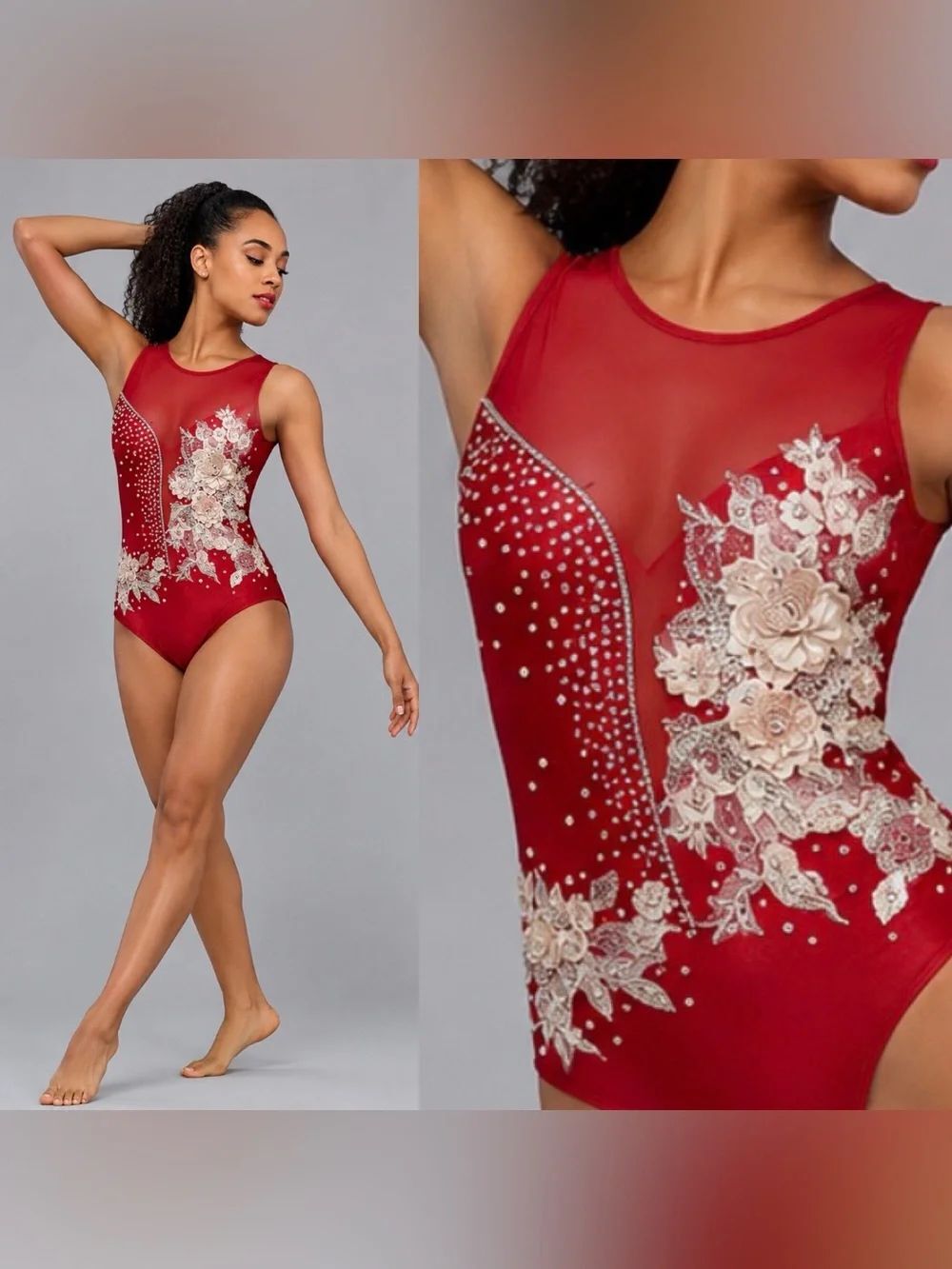 Ilo Gear Glamorous red custom solo dance costume leotard illusion mesh MA adult